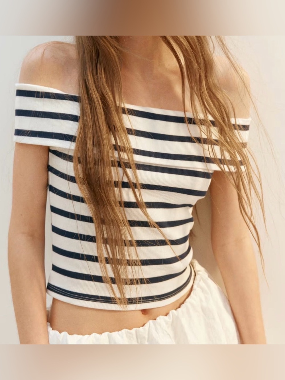 Divided Off‑Shoulder Navy Stripe Crop Top NWT